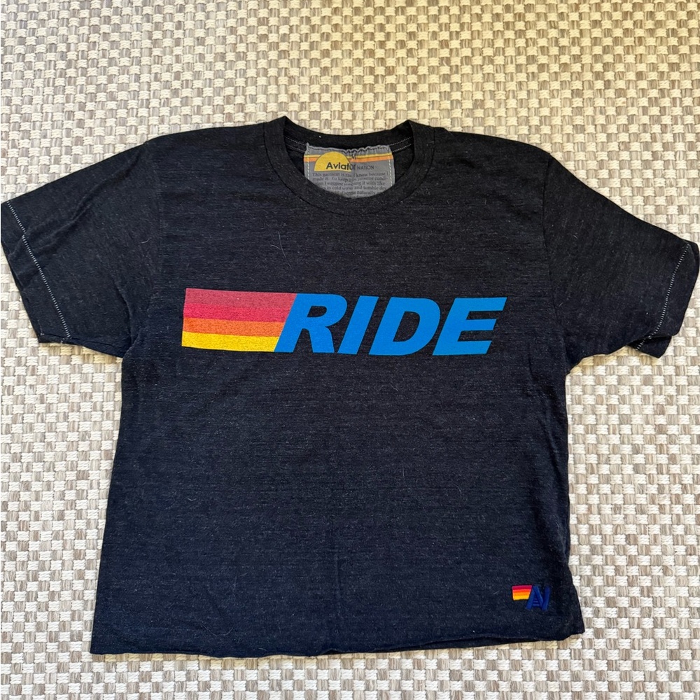 Aviator Nation Black Tee with Yellow & Orange Neck Label